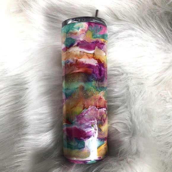 Handmade Other - 20 Ounce Tumbler Hand-Painted Pinks Pearl Teal Yellow Lid And Straw